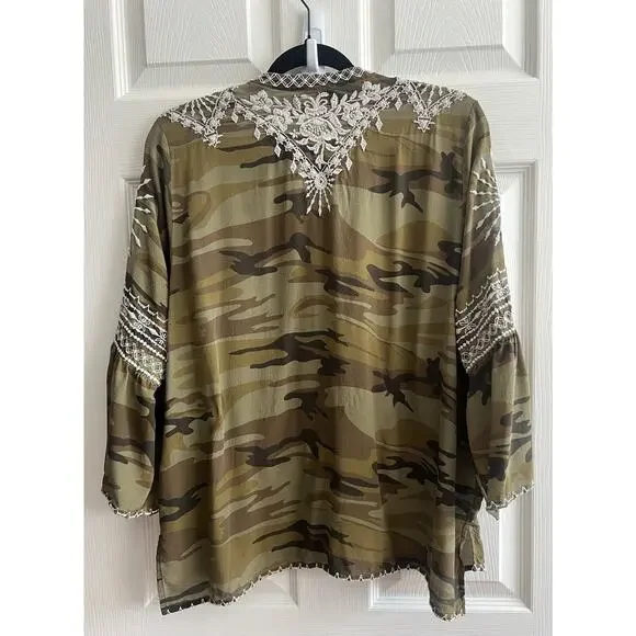 JOHNNY WAS Workshop 100% Silk Ciro Camo Embroidered Flare Sleeve Tunic Blouse - Picture 10 of 15